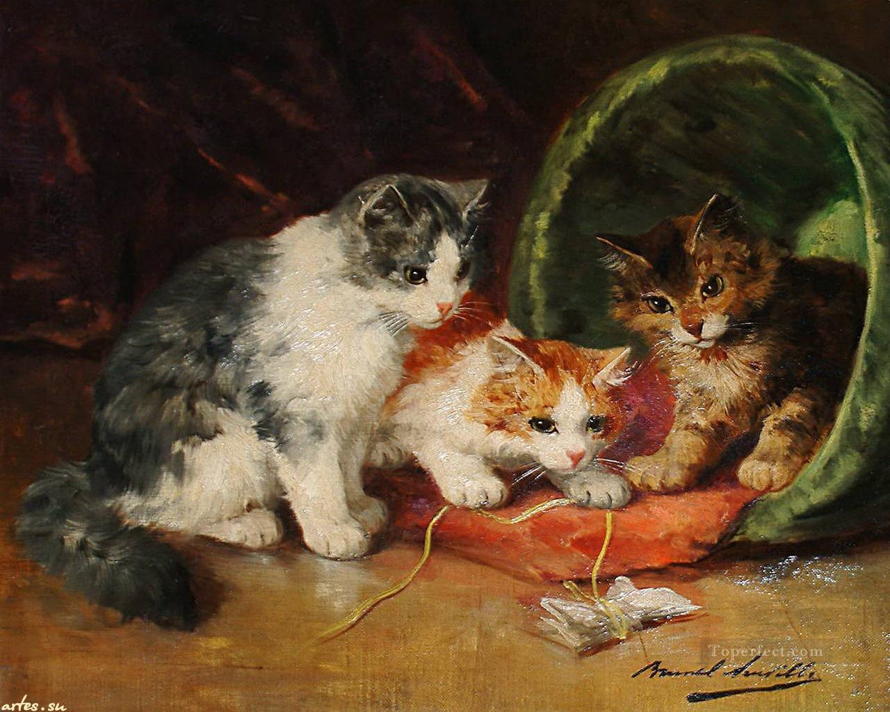 kittens reading a book Alfred Brunel de Neuville Oil Paintings